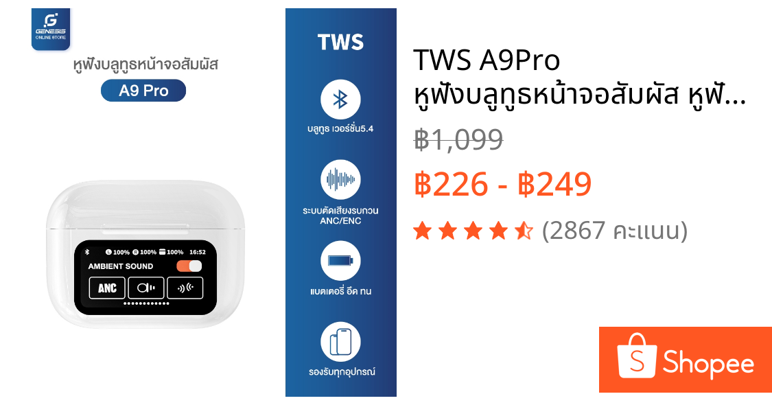 TWS A9Pro หูฟังบลูทูธหน้าจอสัมผัส หูฟังบลูทูธไร้สาย บลูทูธเวอร์ชั่นล่าสุด5.4 ตัดเสียงรบกวน เสียงดี