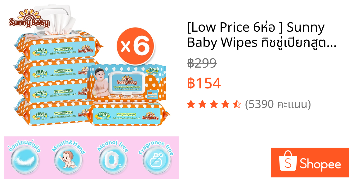[Low Price 6ห่อ ] Sunny Baby Wipes ทิชชู่เปียกสูตรน้ำบริสุทธิ์  ซันนี่ เบบี้ ฟรีลี่ เดย์แอนด์ไนท์ เบบี้ เวท ไวพส์