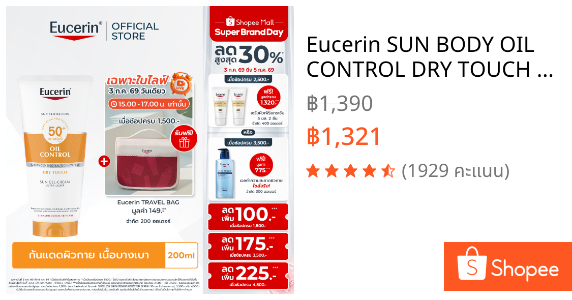 Eucerin SUN BODY OIL CONTROL DRY TOUCH GEL-CREAM SPF50+ PA++++ 200 ML ยูเซอริน ครีมกันแดดสำหรับผิวกาย เนื้อบางเบา 200มล.