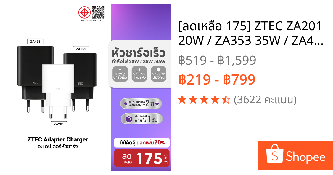 [ลดเหลือ 175] ZTEC ZA201 20W / ZA353 35W / ZA453 45W หัวชาร์จ รองรับเทคโนโลยีชาร์จด่วน ขาปลั๊กไทย มอก. -2Y