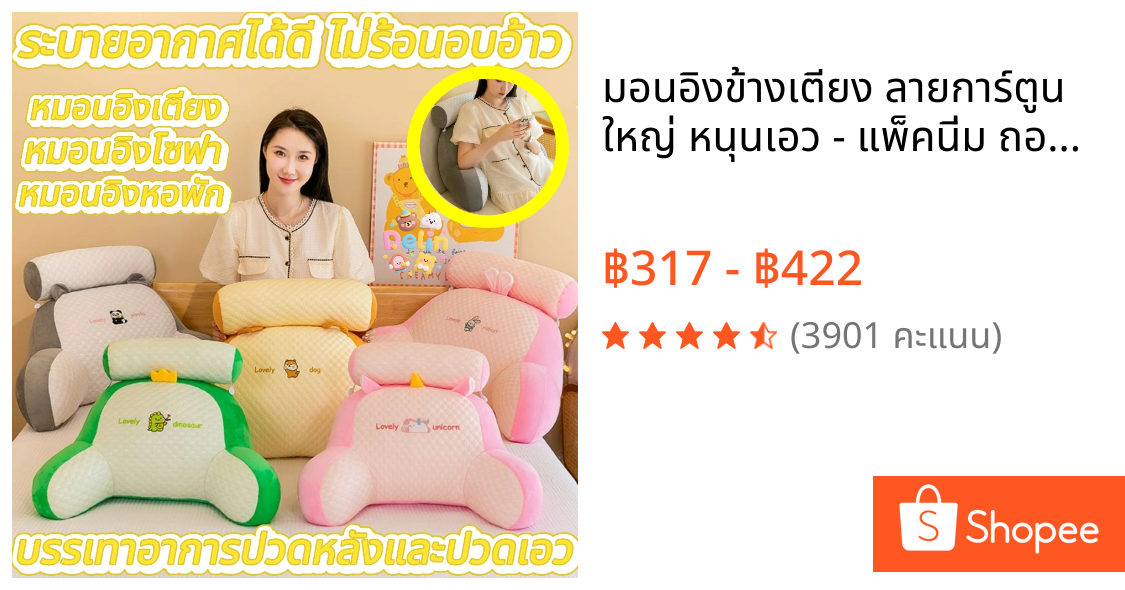 มอนอิงข้างเตียง ลายการ์ตูน ใหญ่ หนุนเอว - แพ็คนิ่ม ถอดออกซักได้ ทั้งร้านส่งฟรี(Delin store)