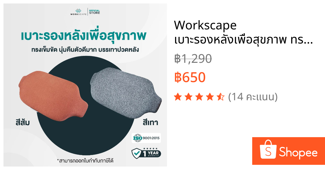 Workscape เบาะรองหลังเพื่อสุขภาพ ทรงเข็มขัด นุ่มคืนตัวดีมาก บรรเทาปวดหลังได้ดี
