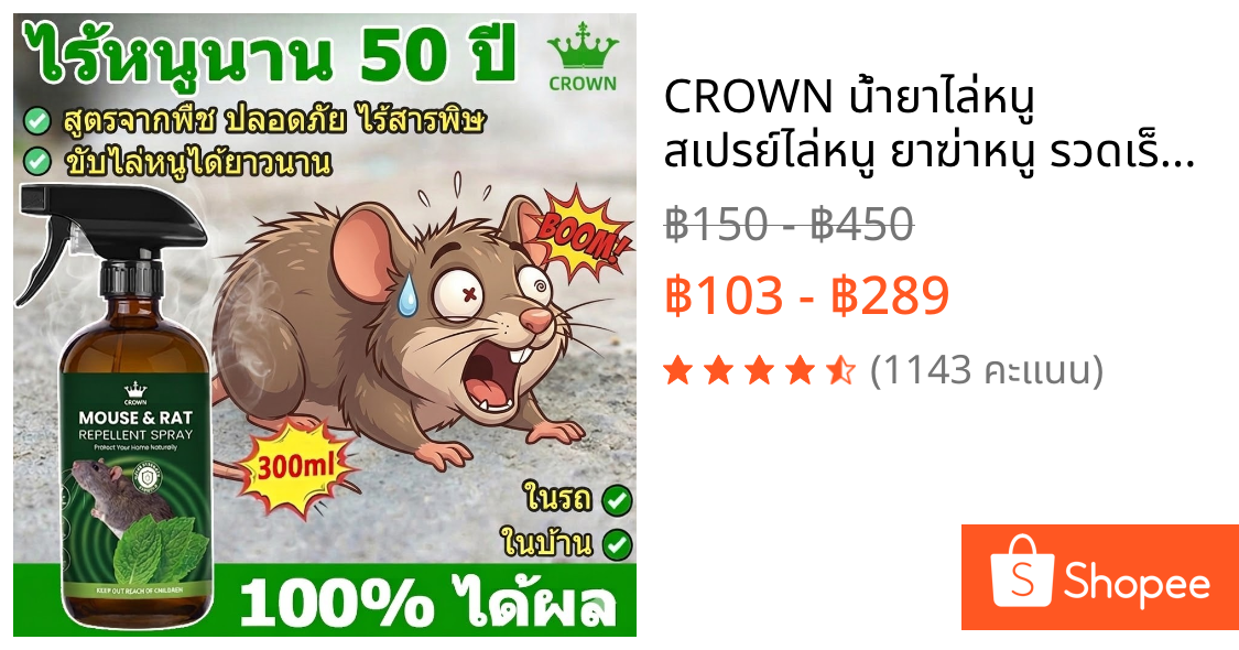 CROWN น้ำยาไล่หนู สเปรย์ไล่หนู ยาฆ่าหนู รวดเร็วมีประสิทธิภาพ ไล่หนู 300ml