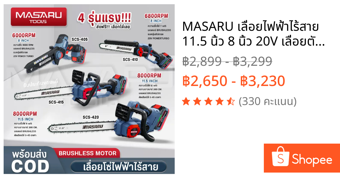 MASARU เลื่อยไฟฟ้าไร้สาย 11.5 นิ้ว 8 นิ้ว 20V เลื่อยตัดไม้แบตเตอรี่ ตัดไม้ขนาดใหญ่ ประกัน 1 ปี