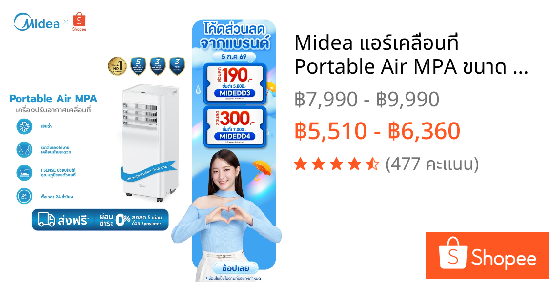 Midea แอร์เคลื่อนที่ Portable Air MPA ขนาด 7000 BTU / 9000 BTU รุ่น MPPA-07CRN7/MPPA-09CRN7 เย็นเร็ว , หน้าจอแสดงผล LED
