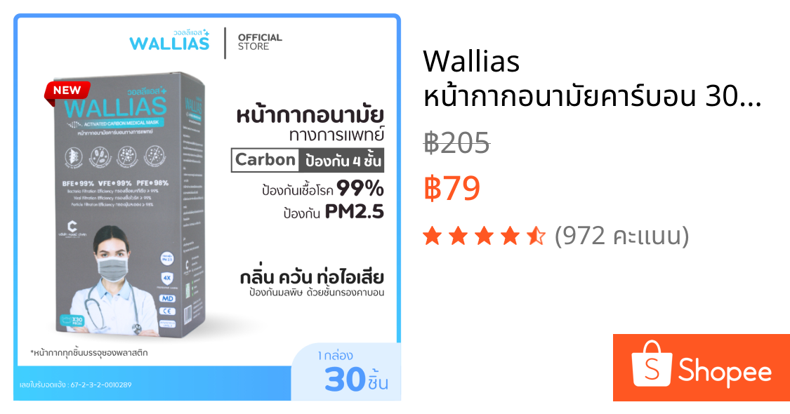 Wallias หน้ากากอนามัยคาร์บอน 30ชิ้น/กล่อง หนา 4 ชั้น  กันฝุ่นPM2.5 กันกลิ่น Activated Carbon Medica Mask