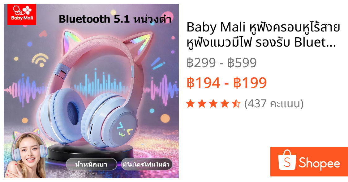 Baby Mali หูฟังครอบหูไร้สาย หูฟังแมวมีไฟ รองรับ Bluetooth 5.1 เสียงรอบทิศทาง 360 องศา รองรับคอมพิวเตอร์โทรศัพท์มือถือ