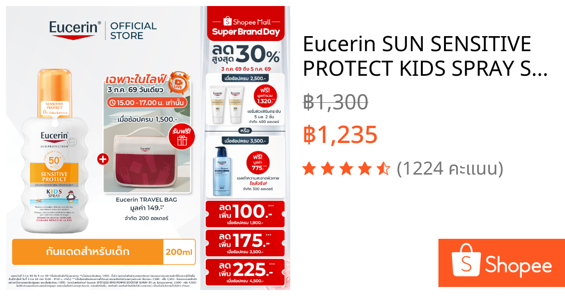 Eucerin SUN SENSITIVE PROTECT KIDS SPRAY SPF 50+ 200 ML (ยูเซอริน สเปรย์กันแดด เหมาะกับสภาพผิวเด็ก)