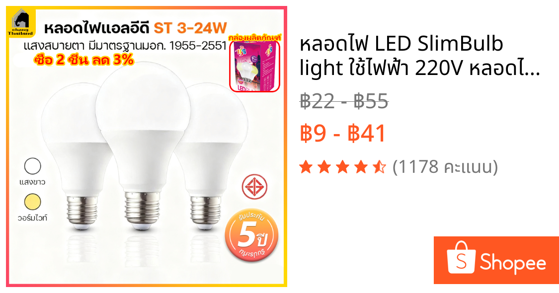 หลอดไฟ LED SlimBulb light ใช้ไฟฟ้า 220V หลอดไฟขั้วเกลียว ขั้ว E27 3/5/9/12/15/18/24W แบบประหยัดไฟ
