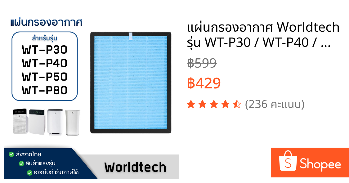 แผ่นกรองอากาศ Worldtech รุ่น WT-P30 / WT-P40 / WT-P50 / WT-P80 ไส้กรอง เวิลด์เทค HEPA H13 Filter