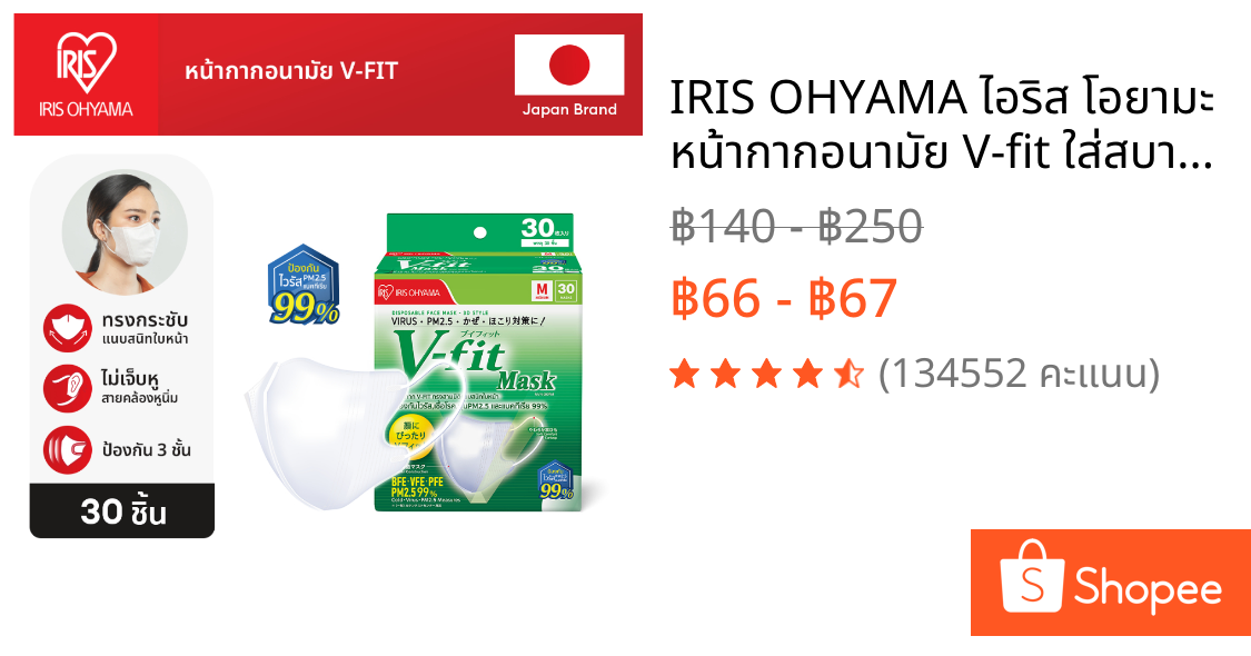 IRIS OHYAMA ไอริส โอยามะ หน้ากากอนามัย V-fit ใส่สบาย กระชับ แบบกล่อง 30 ชิ้น