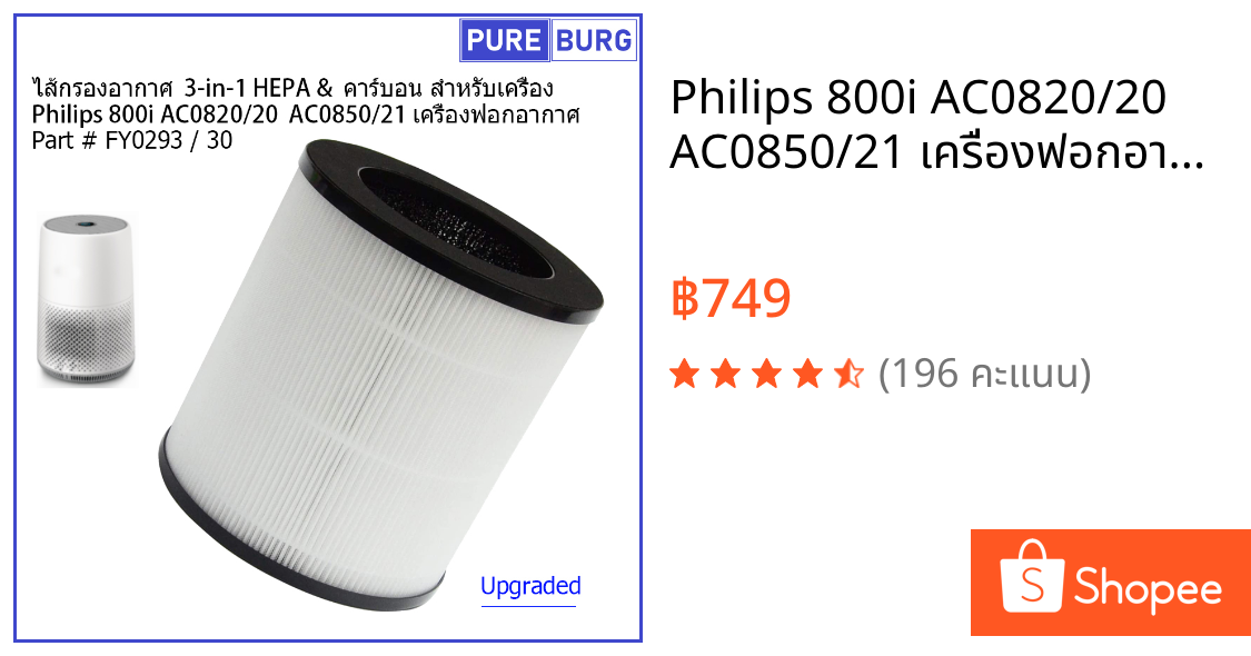 Philips 800i AC0820/20  AC0850/21 เครื่องฟอกอากาศ # FY0293 / 30ไส้กรองอากาศ 3-in-1 HEPA & คาร์บอน