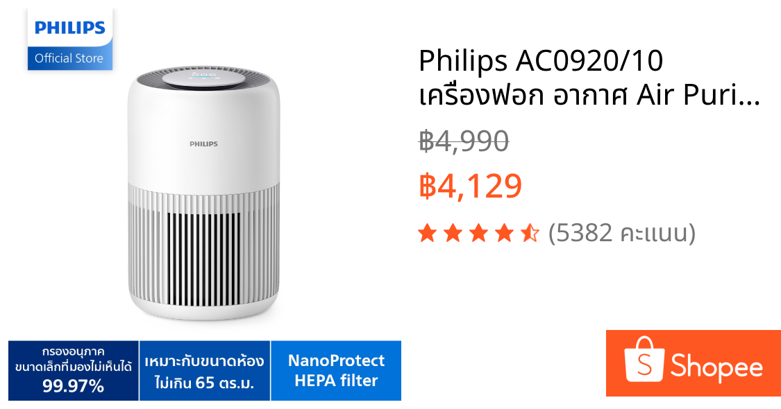 Philips AC0920/10 เครื่องฟอก อากาศ Air Purifier สำหรับห้องไม่เกิน 65 ตรม. CADR 250 ลบ.ม./ชม. รับประกัน 2 ปี