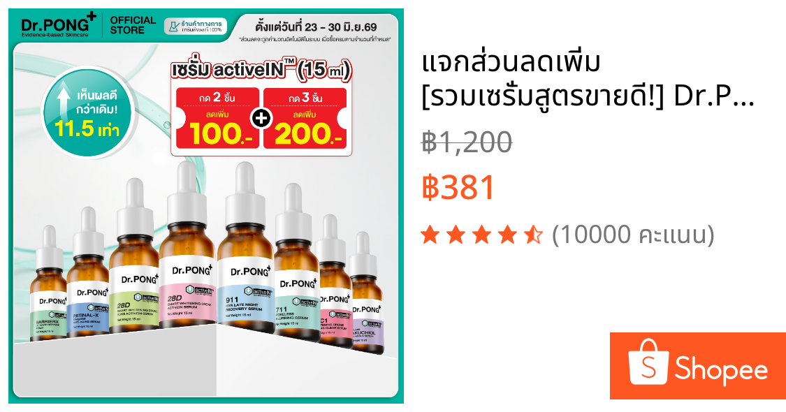 แจกส่วนลดเพิ่ม [รวมเซรั่มสูตรขายดี!] Dr.PONG activeIN เทคโนโลยีรางวัลระดับโลก ซึมเข้าผิวมากขึ้น ปริมาณ 15 ml