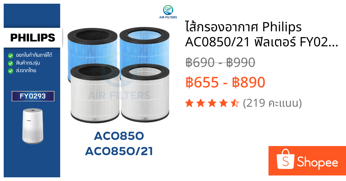 ไส้กรองอากาศ Philips AC0850/21 ฟิลเตอร์ FY0293/30 เครื่องฟอกอากาศ ฟิลิปส์ Air Purifier HEPA Filter