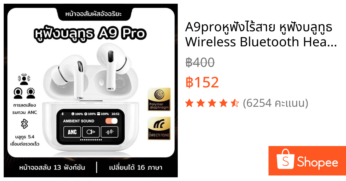 A9proหูฟังไร้สาย หูฟังบลูทูธ Wireless Bluetooth Headset บลูทูธเวอร์ชั่นล่าสุด5.4 หน้าจอLCD ระบบสัมผัส​ ตัดเสียงรบกวน