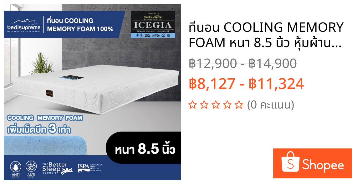 ที่นอน COOLING MEMORY FOAM หนา 8.5 นิ้ว หุ้มผ้านอกกันไรฝุ่น ขนาด 3.5 ฟุต / 5 ฟุต / 6 ฟุต รุ่น ICEGIA