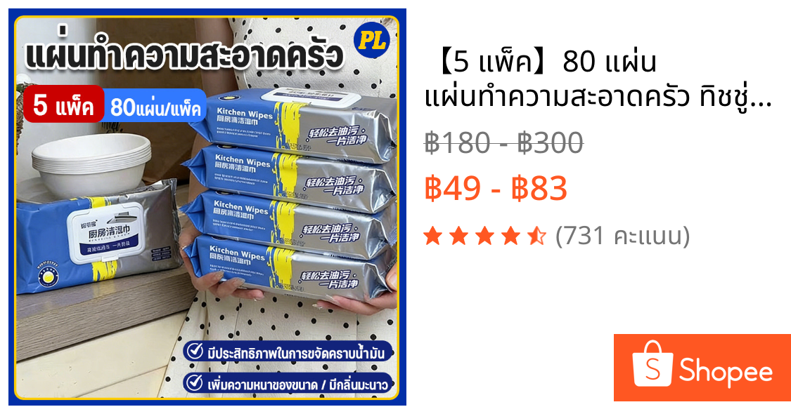 【5 แพ็ค】80 แผ่น แผ่นทำความสะอาดครัว ทิชชู่เปียกทำความสะอาด มีฟองในตัว กลิ่นเลมอน ผ้าทำความสะอาดทั่วไป เช็ดคราบมัน