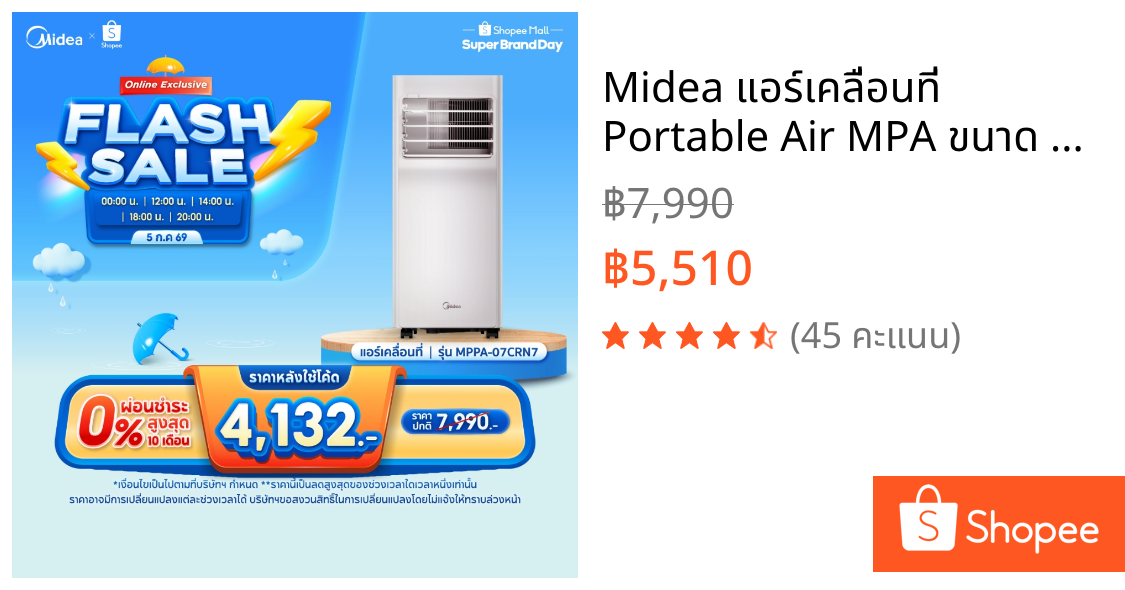 Midea แอร์เคลื่อนที่ Portable Air MPA ขนาด 7000 BTU รุ่น MPPA-07CRN7 เย็นเร็ว , หน้าจอแสดงผล LED , ติดตั้งง่าย