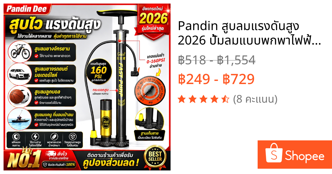 Pandin สูบลมแรงดันสูง 2026 ปั้มลมแบบพกพาไฟฟ้าจักรยานรถจักรยานยนต์รถบ้าน 160 ปอนด์ต่อตารางนิ้ว พร้อมเครื่องมือแสดงผล