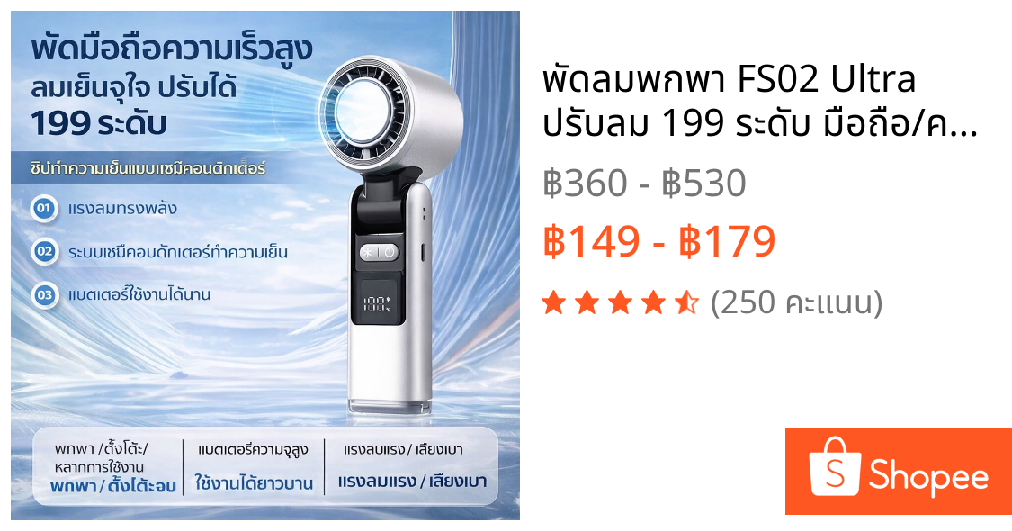พัดลมพกพา FS02 Ultra ปรับลม 199 ระดับ มือถือ/คล้องคอ มีหน้าจอแสดงผล เสียงเงียบ