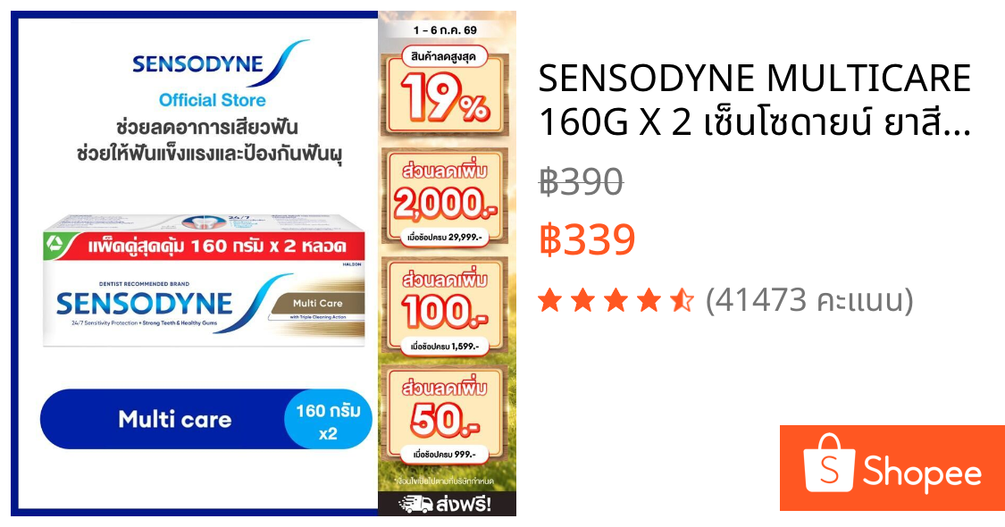 SENSODYNE MULTICARE 160G X 2 เซ็นโซดายน์ ยาสีฟัน สูตร มัลติแคร์ ลดอาการเสียวฟัน ช่วยให้ฟันแข็งแรงและป้องกันฟันผุ 160