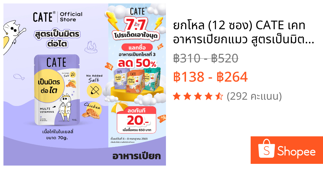 ยกโหล (12 ซอง) CATE เคท อาหารเปียกแมว สูตรเป็นมิตรต่อไต 70 g. อาหารเปียกแมวไม่ทำร้ายไต