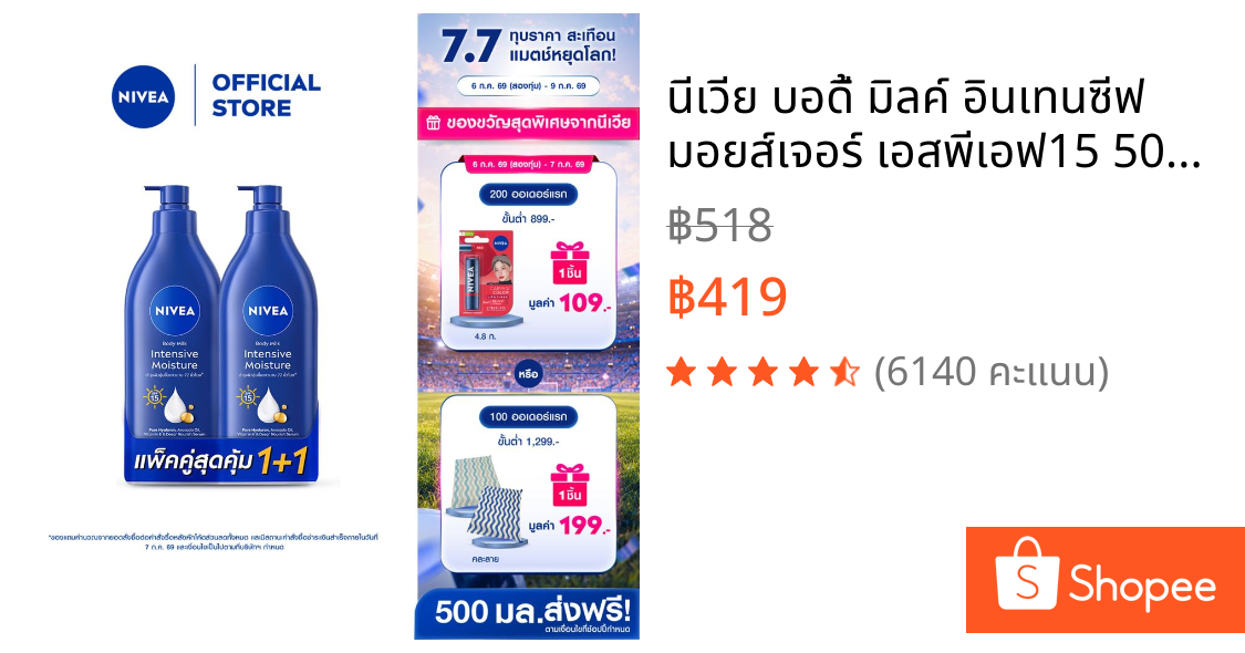 นีเวีย บอดี้ มิลค์ อินเทนซีฟ มอยส์เจอร์ เอสพีเอฟ15 500 มล. 2 ชิ้น NIVEA