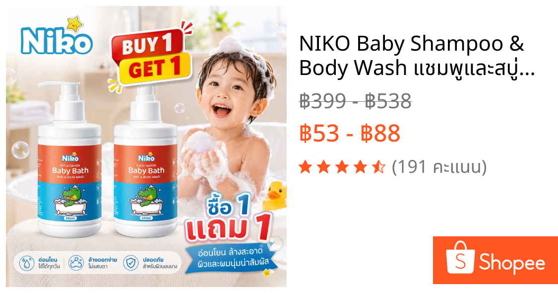 NIKO Baby Shampoo & Body Wash แชมพูและสบู่อาบน้ำเด็ก สูตรอ่อนโยน สำหรับผิวบอบบาง 300ml + Refill | Buy 1 Take 1