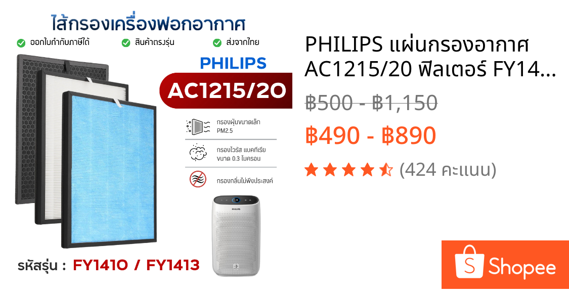 PHILIPS แผ่นกรองอากาศ AC1215/20 ฟิลเตอร์ FY1410 FY1413 ไส้กรอง เครื่องฟอก ฟิลิปส์ Hepa Filter H13 Air Purifier Filter