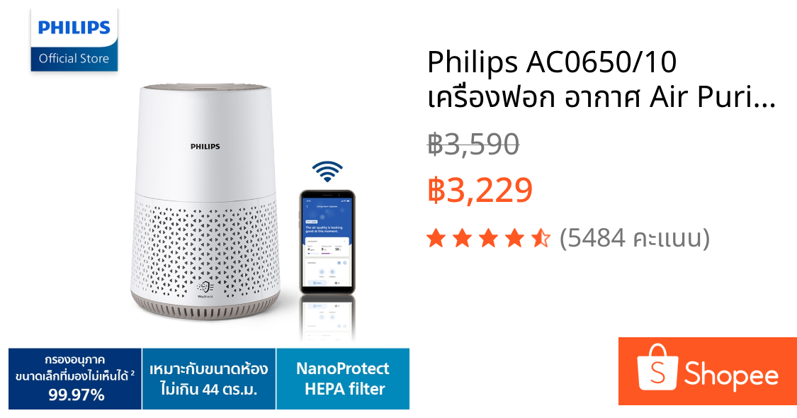 Philips AC0650/10 เครื่องฟอก อากาศ Air Purifier สำหรับห้องไม่เกิน 44 ตรม. CADR 170 ลบ.ม./ชม รับประกัน 2 ปี