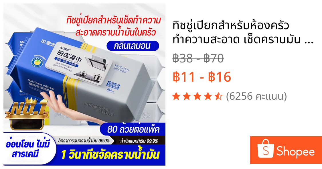ทิชชู่เปียกสำหรับห้องครัว ทำความสะอาด เช็ดคราบมัน จาน เครื่องใช้ กลิ่นหอมกลิ่นเลมอน  80 แผ่น/แพ็ค