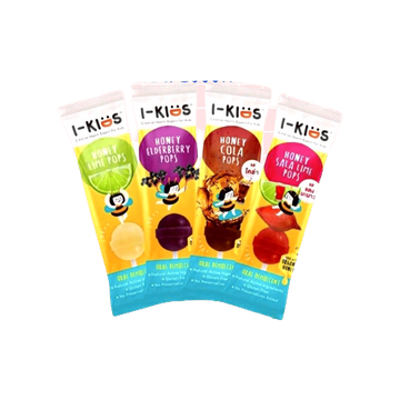I-Kids POPS ไอ-คิดส์ ป๊อปส์ ลูกอม บรรเทาอาการไอ ระคายคอ สำหรับเด็ก รส Lime Honey / Elderberry / Cola / Sala-lime