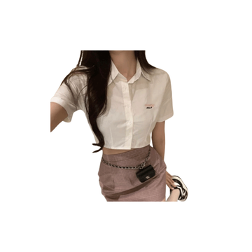 เสื้อเชิ้ตโปโล แขนสั้น เอวสูง สีขาว แฟชั่นฤดูร้อน สําหรับเด็กผู้หญิง