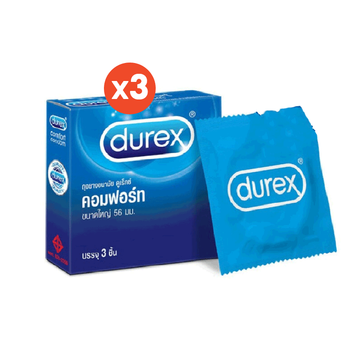 [กดรับของแถมในตระกร้าสินค้า] Durex ดูเร็กซ์ คอมฟอร์ท ถุงยางอนามัยผิวเรียบ ผนังไม่ขนาน ถุงยางขนาด 56 มม. 3 ชิ้น x 3 กล่อง (9 ชิ้น) Durex Comfort