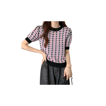 Vogueพร้อมส่งเสื้อไหมพรม คอกลมแชนสั้น ลายชิโนริ2สี กำลังฮิตมาก (12322)