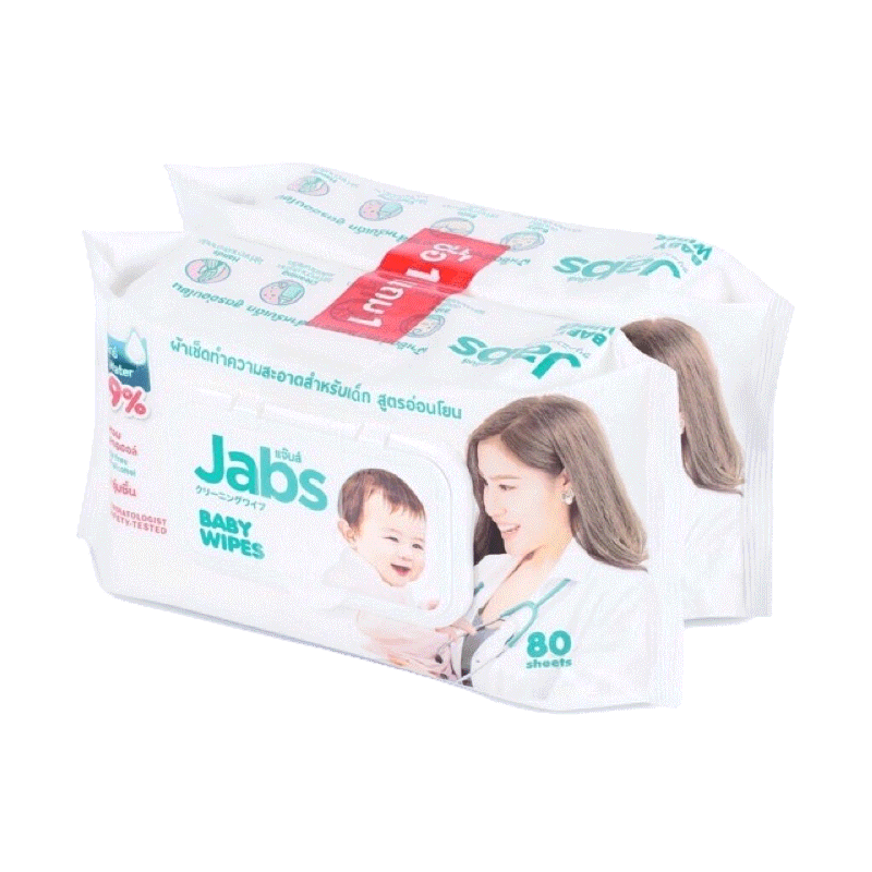 🚩1แถม1 Jabs baby wipes ทิชชู่เปียก ทำความสะอาด ปราศจากแอลกอฮอลล์ ทิชชู่เช็ดก้นเด็ก ทิชชู่เช็ดเครื่องสำอาง ชิ้นละ 80 แผ่น