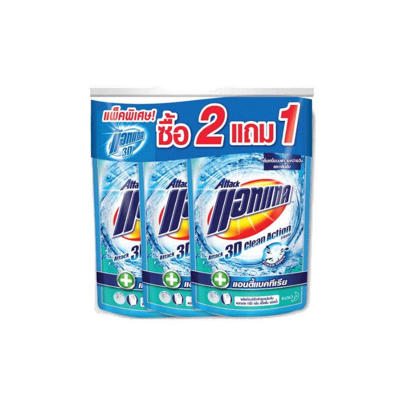 [แพ็ค 2 ฟรี 1] แอทแทค 3D คลีน แอ็คชั่น ชนิดน้ำ สำหรับซักมือและเครื่อง 770ml. Liquid Attack 3D Clean Action 770ml.