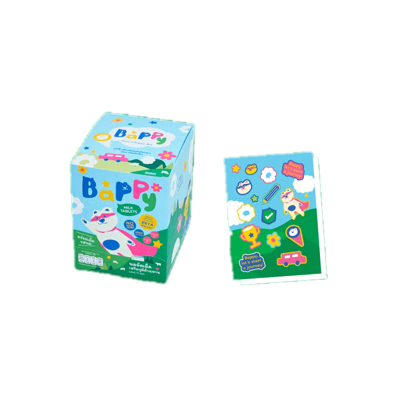 โปรโมชั่น : Bappy นมอัดเม็ด 1 กล่อง บรรจุ 12 ซอง แถมฟรี สติกเกอร์ Bappy