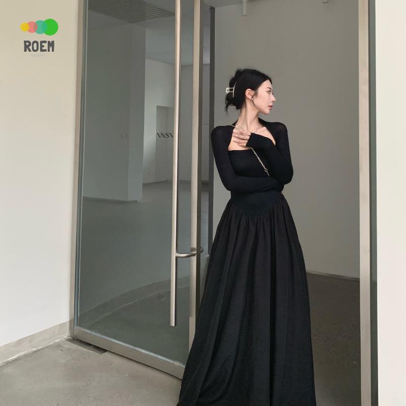 ชุดเดรสกระโปรงยาว-แขนยาว-คอสี่เหลี่ยม-เอวแคบ-สีดํา-แฟชั่นฤดูใบไม้ร่วง-สไตล์เฮปเบิร์น-สําหรับสตรี-สองชิ้น