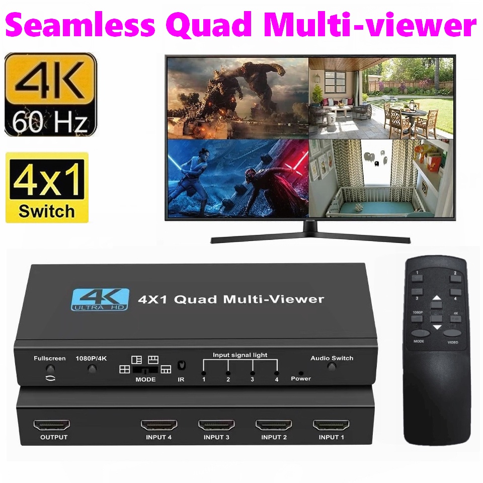 HDMI 4x1 Multiviewer switcher 4K Seamless Quad Screen Real Time Multi