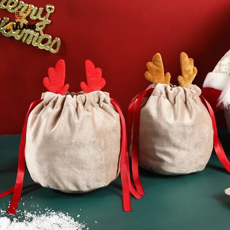 ถุงขนม-คุกกี้-แบบหูรูด-ผ้ากํามะหยี่-ลายเขากวางน่ารัก-เหมาะกับของขวัญคริสต์มาส-สําหรับตกแต่งปาร์ตี้