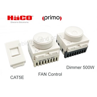 Haco อุปกรณ์สวิทซ์หรี่ไฟ ควบคุมพัดลม และปลั๊กคอม CAT5e สีขาว รุ่น PRIMO