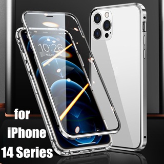 for iPhone 14 13 Plus Pro Max Case Double Sided Tempered Glass Magnetic Metal Frame Cover