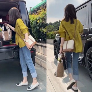 [lucky] ใหม่ ชุดเสื้อเชิ้ตแขนสั้น กางเกงยีน สองชิ้น เข้ารูป ขนาดใหญ่ แฟชั่นฤดูร้อน สําหรับผู้หญิง 2022