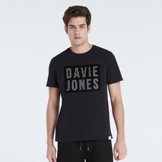 HH DAVIE JONES เสื้อยืดพิมพ์ลายโลโก้ กำมะหยี่ สีดำ Corduroy Logo Print T-Shirt in black LG0017BK คอกลม/!p