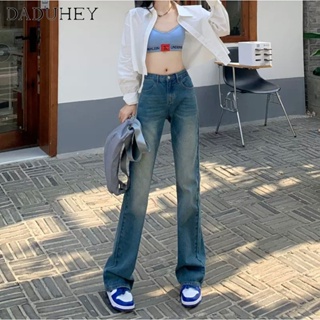 DaDuHey💕 Womens High Street Ins Retro Blue Distressed High Waist Flared Denim Pants Loose Slimming and Straight Mopping Flared Jeans