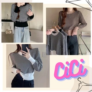 Cici(NO.10037)เสื้อแขนยาวไหมพรมknit ทอลายตารางเล็กแบบฮิปสเตอร์ สไตล์โคเรีย