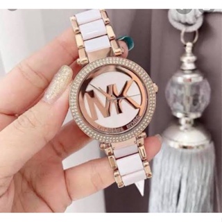 (ผ่อน0%) นาฬิกา Michael Kors Parker MK6365 wristwatches womens quartz MK6365 สายสีขาว หน้าปัดกลมล้อมคริสตัล 39 มม. สีทอง