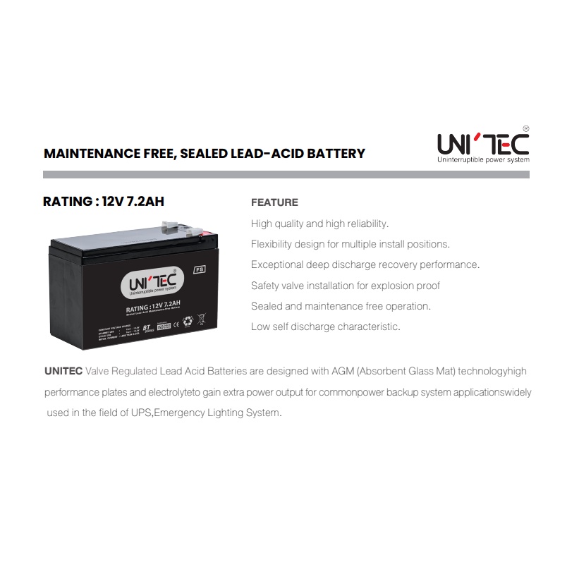 battery-12v-7-2ah-unitec-ล็อตใหม่-ของแท้-ใช้ได้กับ-ups-ยี่ห้อ-zircon-etech-unitec-และ-ups-ทุกยี่ห้อที่ใช้แบตเดิม-7-9ah